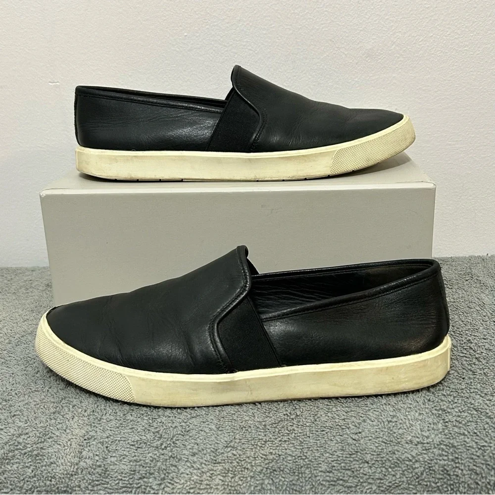 Vince Blair Smooth Black Leather Slip On Sneaker Loafers